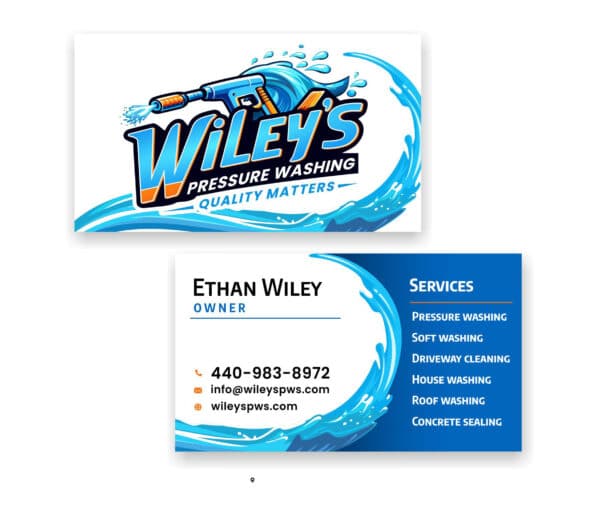 Crafted with the precision of a phoenix rising from the ashes, the business card for Wiley's Pressure Washing ignites first impressions. The front showcases a dynamic logo of a power washer unleashing its force, reminiscent of flames extinguished by water’s embrace. On the reverse side, where Ethan Wiley's contact information and services such as pressure washing and roof washing reign supreme, each detail is framed against an evocative water splash graphic background. Flawlessly designed with Design & Print, this card is ready to be reborn through print.