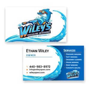 Crafted with the precision of a blazing flame, this Design & Print business card for Wiley's Pressure Washing features a vibrant cartoon dolphin adorned with goggles and wielding a pressure washer. Ethan Wiley's contact info and services, such as pressure washing, window cleaning, and concrete sealing, rise from the card like a phoenix ascending from ashes. Each detail is printed for exceptional clarity, ensuring it stands out just as brightly as firelight in the dark.