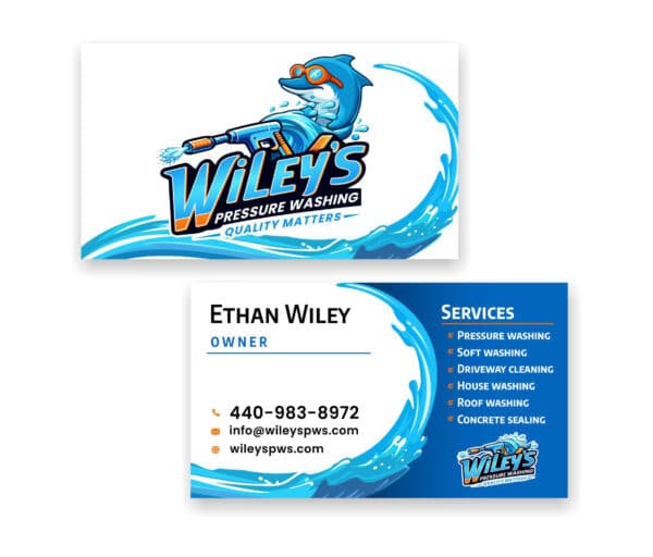 Crafted with the precision of a blazing flame, this Design & Print business card for Wiley's Pressure Washing features a vibrant cartoon dolphin adorned with goggles and wielding a pressure washer. Ethan Wiley's contact info and services, such as pressure washing, window cleaning, and concrete sealing, rise from the card like a phoenix ascending from ashes. Each detail is printed for exceptional clarity, ensuring it stands out just as brightly as firelight in the dark.