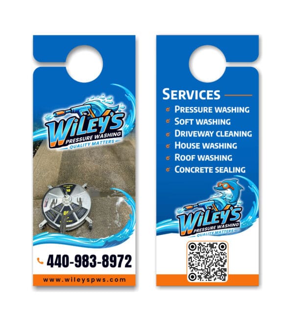 From the flames of creativity, a Wiley's Pressure Washing door hanger emerges, reborn with a sleek design from the Design & Print series. On its front, like embers glowing in the night, the logo stands prominently alongside the contact details: phone number and website. Flip to the back to discover services etched with precision like fire dancing across an open plain—complete with a QR code that ignites convenience. Vibrant blue and orange accents blaze through the print, capturing attention like a phoenix rising anew from ashes.