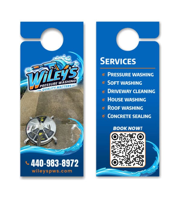 Rising from the ashes of grime and neglect, Wiley's Pressure Washing heralds a rebirth for your surfaces with their striking Design & Print door hanger. Featuring a fiery blue water splash logo, much like the mythical phoenix soaring amidst flames, it captures attention with an image of immaculate concrete cleaning. The door hanger ignites interest by listing revitalizing services: pressure washing, soft washing, driveway/house washing, roof cleaning, and concrete sealing. Fueled by innovation and technology—much like fire itself—it includes a QR code for swift engagement. Rekindle the essence of cleanliness today: contact 440-983-8972.