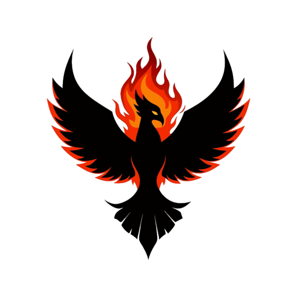 Set against a vivid green backdrop, the silhouette of a phoenix with outstretched wings emerges, encircled by swirling red and orange flames—perfect for web design enthusiasts eager to infuse unique visual elements into small business marketing campaigns.