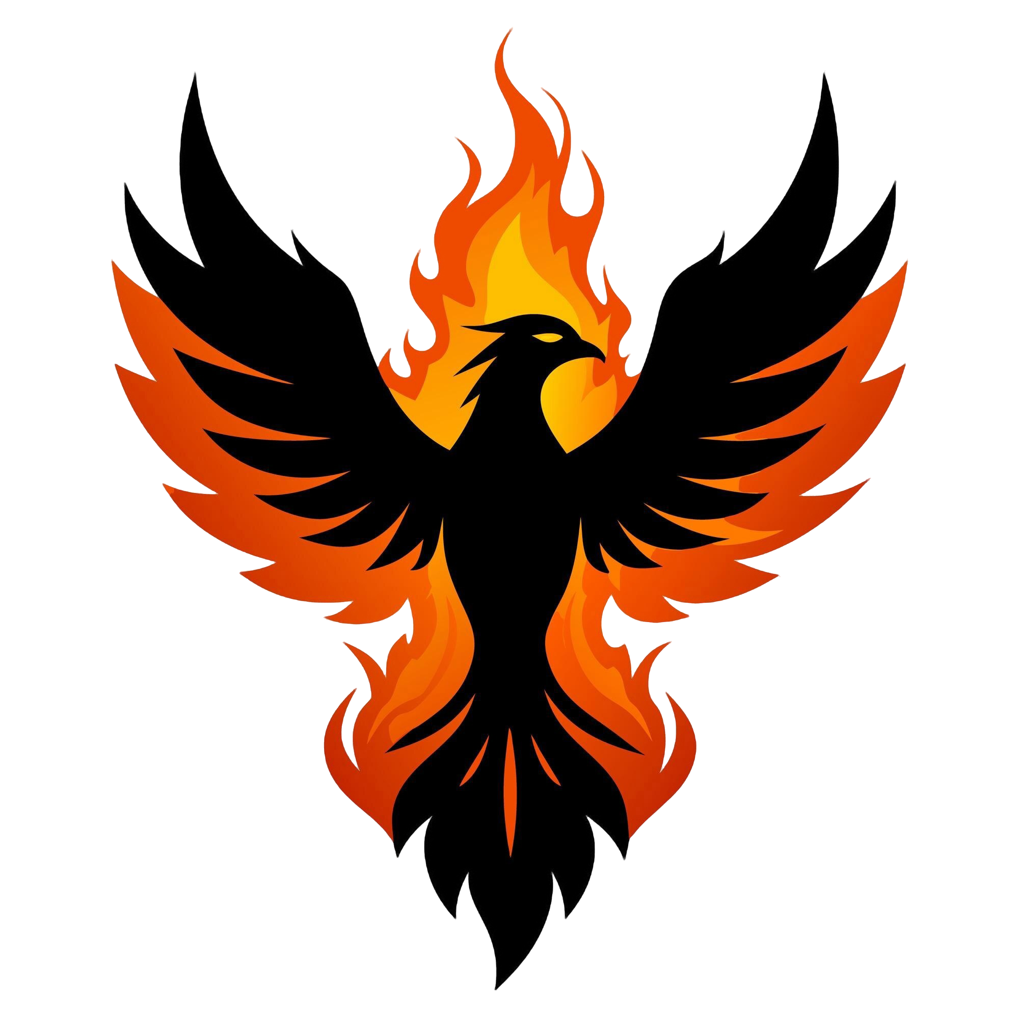 A dramatic black phoenix, wings spread wide amidst vibrant orange and yellow flames, forms a striking silhouette that vividly enhances your digital visuals. This captivating image is ideal for showcasing our "Marketing Strategy Call.