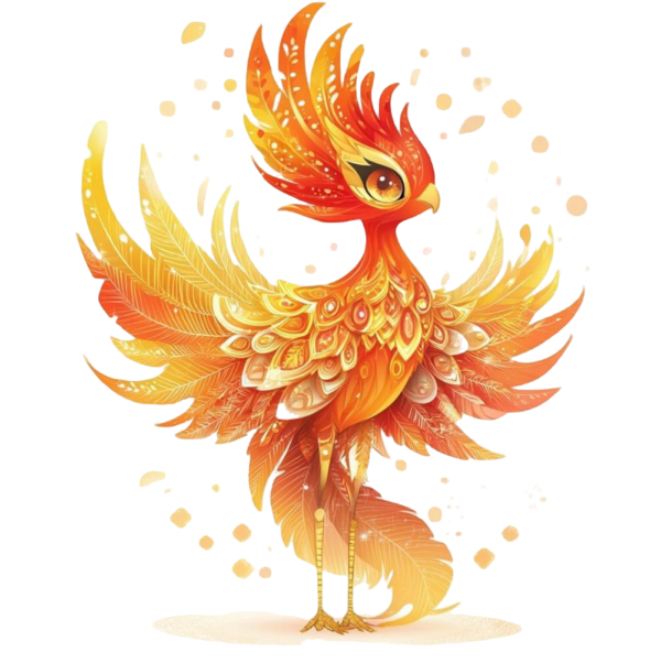 A blazing phoenix illustration, vivid and dynamic, epitomizes the essence of creative rebirth, serving as a symbol for innovative web design in the realm of digital marketing. Its fiery orange and yellow feathers intermingle with swirling patterns and decorative dots, radiating magic and warmth akin to a Marketing Strategy Call that sparks inspiration for growth.