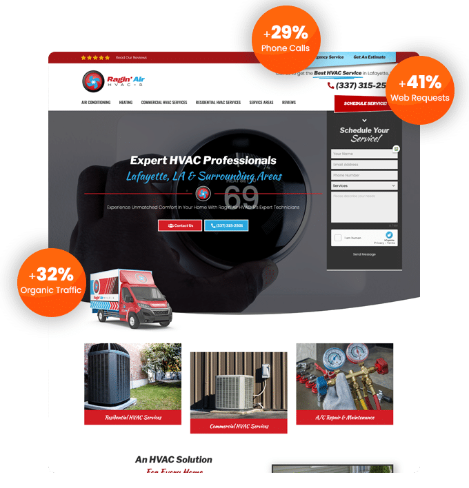 Rising from the ashes like a phoenix, the Ragin' Air website screenshot blazes with vibrant visuals of HVAC services, featuring a fiery call button amid its sleek web design. Images of HVAC units and the iconic service van illuminate its pages, all while fanning the flames for service scheduling in Lafayette, LA. A 32% surge in organic traffic signals robust SEO tactics and marketing strategies that burn bright with efficiency for this small business.