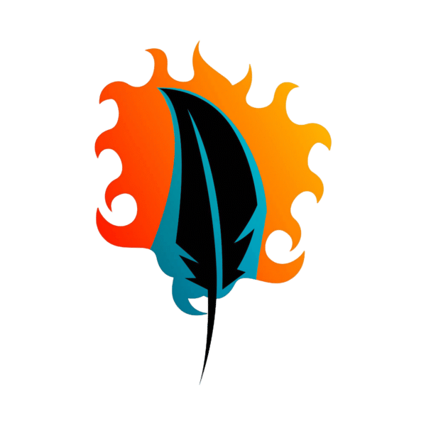 A stylized logo emerges, with a central black leaf or feather shape that embodies the mystique of both fire and phoenix lore. Enveloped by a vibrant orange flame design, the logo creates a striking contrast against the cool blue-green hue of the leaf or feather. This dynamic interplay of colors renders it ideal for modern web design and SEO branding, capturing attention in digital marketing spaces.