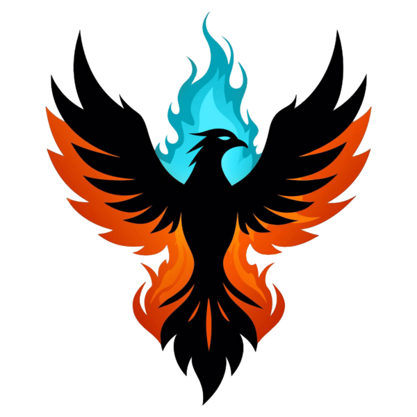 Against a void of transparency, a stylized phoenix unfurls its majestic form—a sleek black body serves as the canvas from which blue flames ascend gracefully from its back, while vibrant orange flames shape expansive wings and an elegant tail. Each element echoes the dynamic flair of cutting-edge web design, capturing a mythical rebirth in hues that dance with digital brilliance.