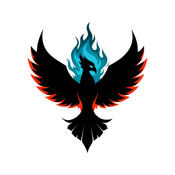 A stylized black phoenix, its wings elegantly tipped with red, rises majestically beneath a blue flame hovering above its head. Perfectly suited for digital marketing visuals or web design projects, this striking logo stands poised against a transparent background.