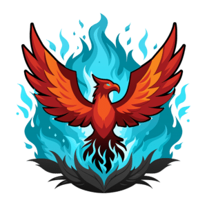 An illustration bursting with vibrancy showcases a phoenix adorned in red and orange feathers, majestically rising from blue flames—a powerful emblem of rebirth and renewal. Ideal for digital marketing campaigns, its outstretched wings eloquently convey messages of growth and transformation while set against a transparent background.