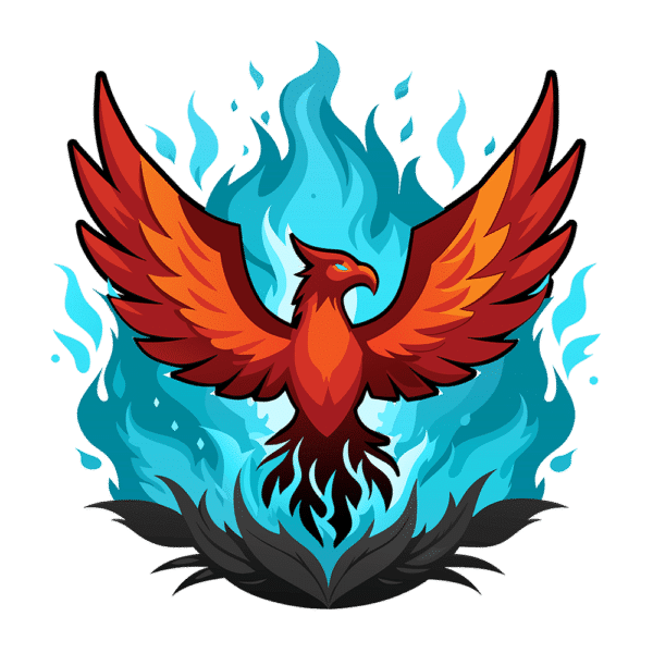 An illustration bursting with vibrancy showcases a phoenix adorned in red and orange feathers, majestically rising from blue flames—a powerful emblem of rebirth and renewal. Ideal for digital marketing campaigns, its outstretched wings eloquently convey messages of growth and transformation while set against a transparent background.