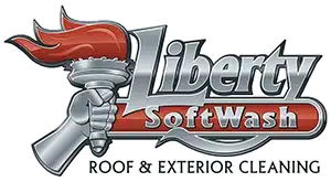 Casting a fiery emblem of rebirth and resilience, the Liberty SoftWash logo proudly displays a silver torch crowned with a vibrant red flame. This striking icon is artfully paired with the text 