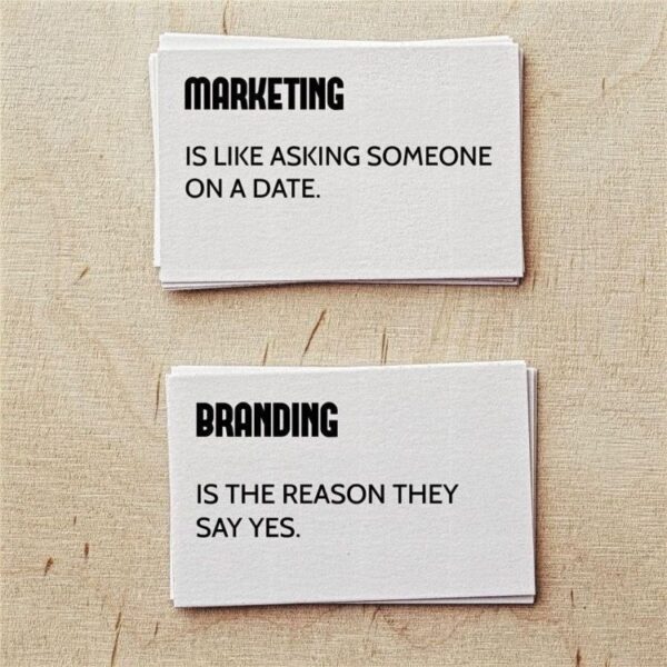 On the table, two stacks of cards sit like dormant embers, waiting to ignite into action. From the first stack, a card flickers with the message, "MARKETING is akin to kindling a spark, inviting someone on a date." Meanwhile, atop the second stack lies another card that burns brightly with conviction: "BRANDING is the enduring flame; it's why they say yes.