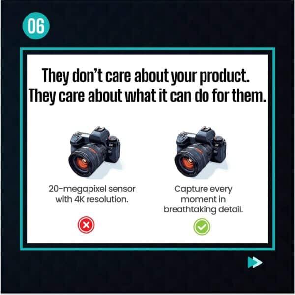 In the blazing realm of imaging technology, a comparison ignites between two cameras. On the left, a 20-megapixel sensor boasting 4K resolution is marked with a red cross, consumed like ash in an inferno. Meanwhile, the right camera rises like a phoenix from flames, heralded with a green check mark as it promises to capture every moment in breathtaking detail. Above this vivid imagery, text blazes forth to illuminate the product's benefits, showcasing an effective marketing strategy that burns brightly over its competitor.