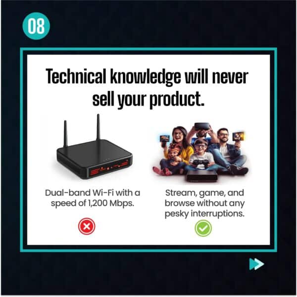 On the left, akin to a flickering ember struggling to ignite, a router labeled "Dual-band Wi-Fi with a speed of 1,200 Mbps" bears the mark of an extinguishing red cross. On the right, like a phoenix soaring reborn and triumphant from its ashes, people revel in uninterrupted connectivity; their devices stream, game, and browse effortlessly under the vibrant symbol of a green check—the hallmark of seamless digital freedom.